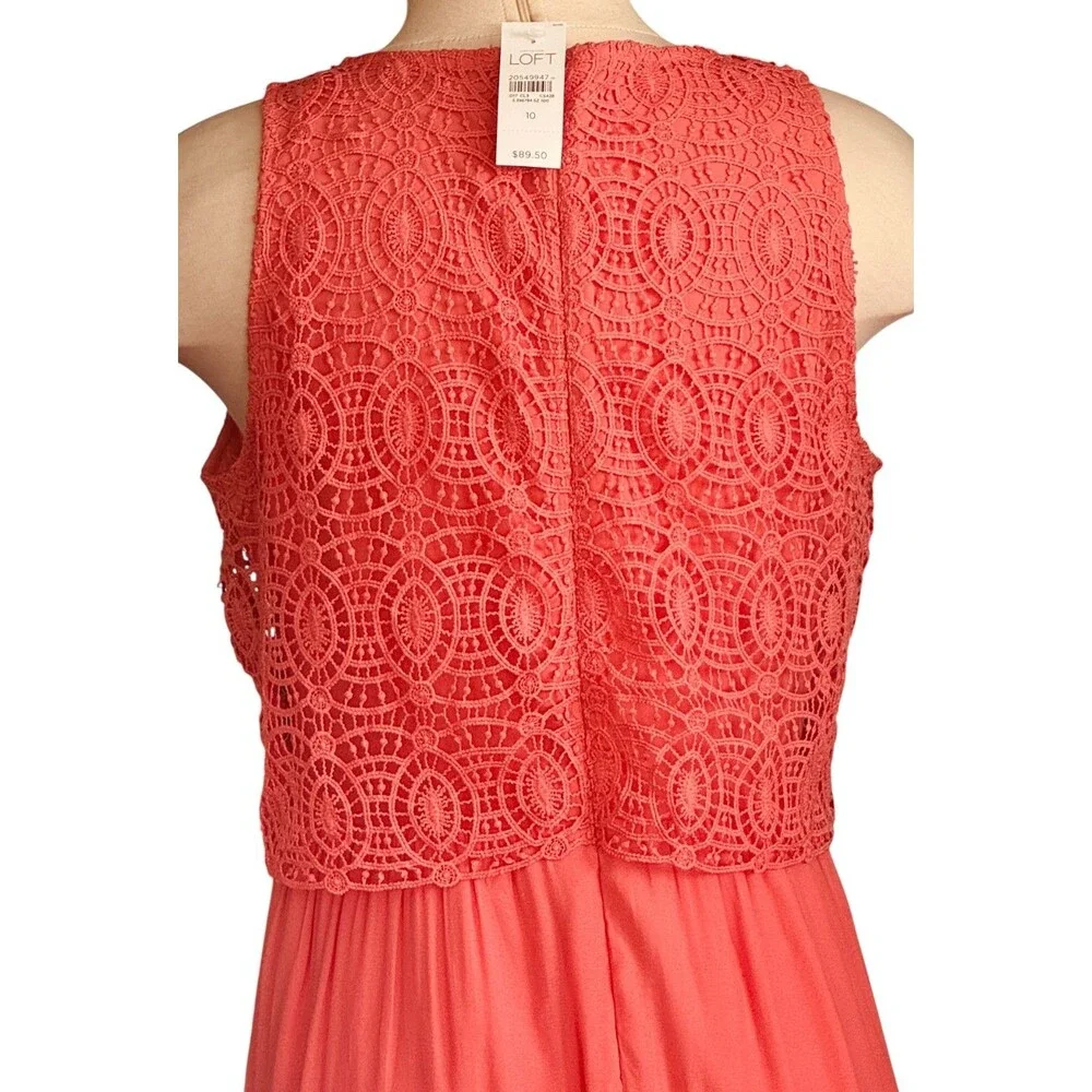 Ann Taylor Loft Wm 10 Coral Pink Circle Lace Bodice Sleeveless Midi Dress New